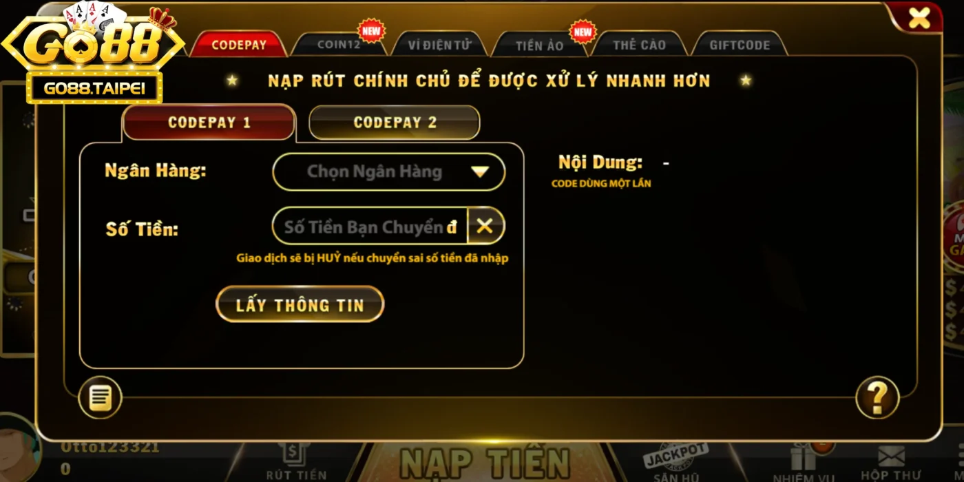 Các phương thức nộp tiền có trong cổng game